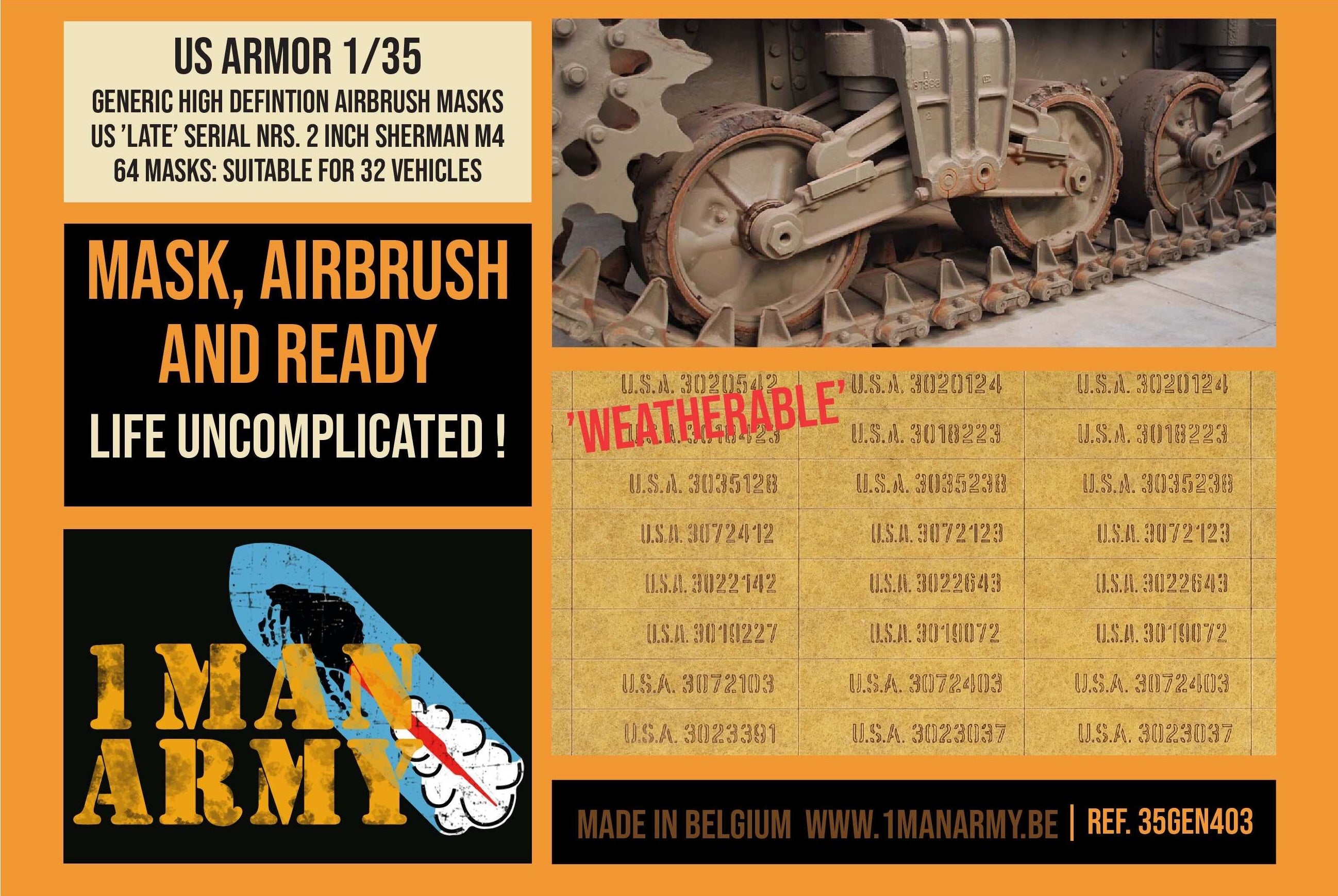 1ManArmy 1/35 シャーマン M4 レイト用 US車体番号 エアブラシマスクセットのパッケージ画像