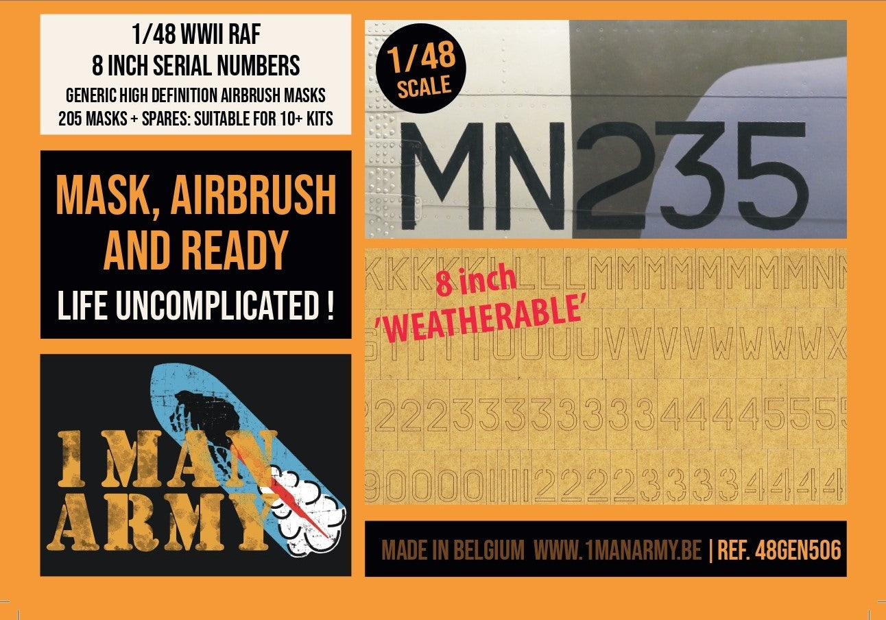 1ManArmy 1/48 RAF用 8インチ シリアルナンバー エアブラシマスクセットのパッケージ画像