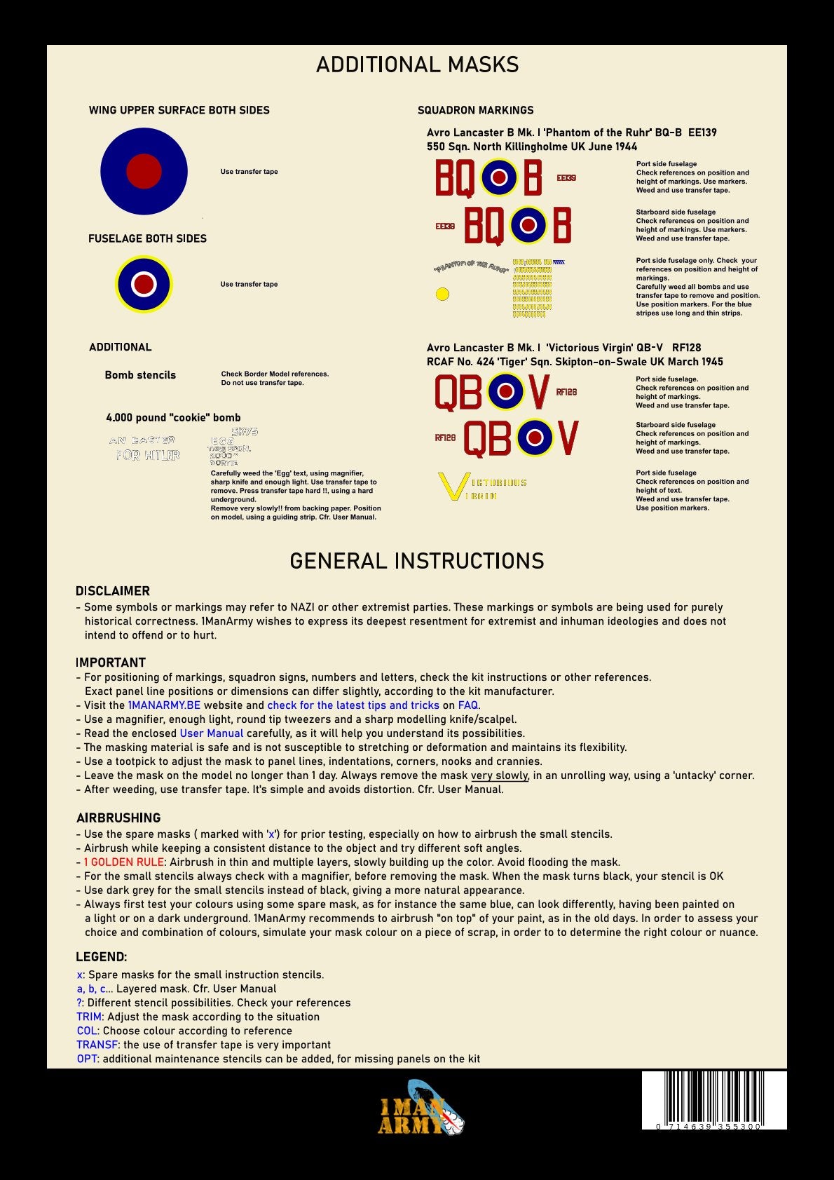 1ManArmy 1/32 アブロ ランカスター B Mk.I マスキングセット(Border Model対応)