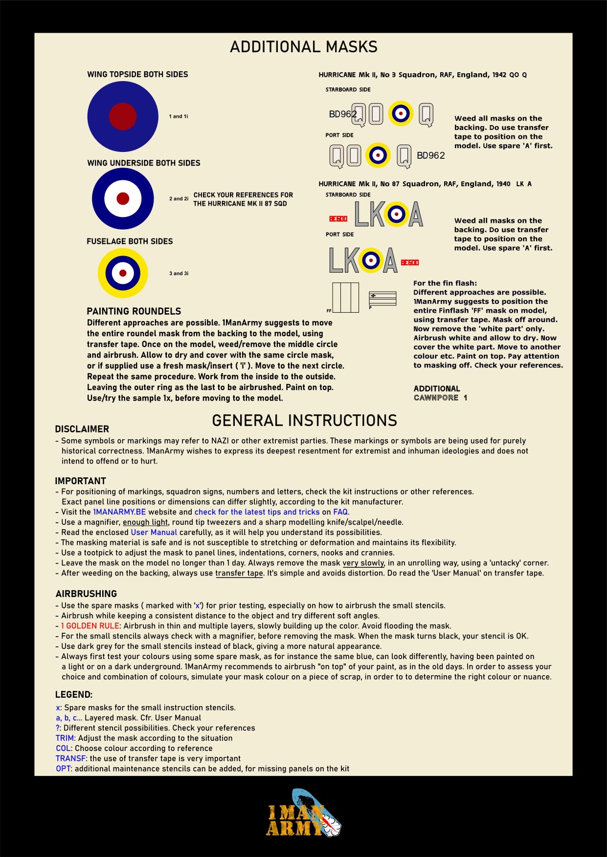 1ManArmy 1/24 Hawker Hurricane Mk.IIc 塗装マスキングセット 内容/説明書画像