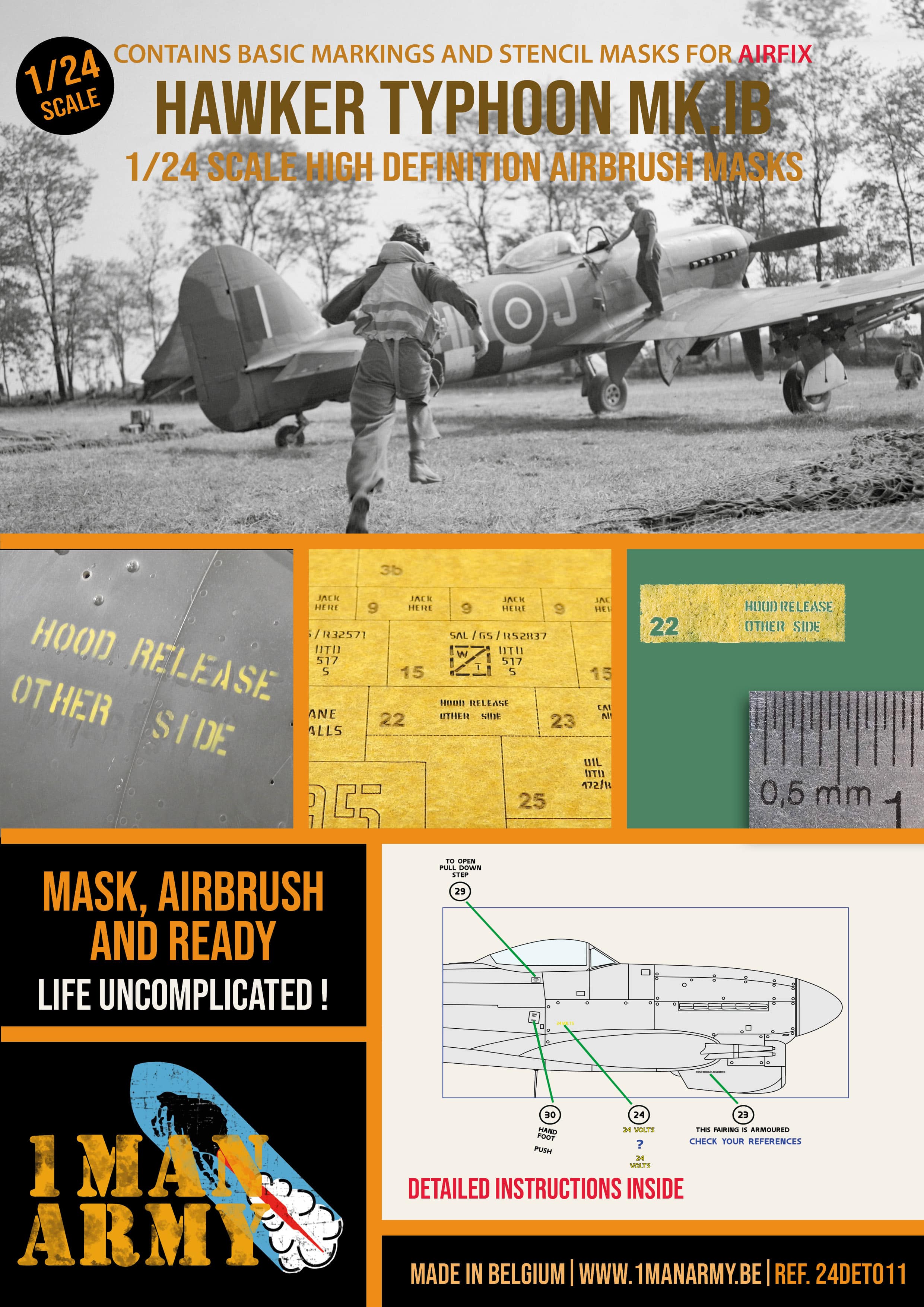 1ManArmy 1/24 Hawker Typhoon Mk.IB 塗装マスキングセット パッケージ表面画像