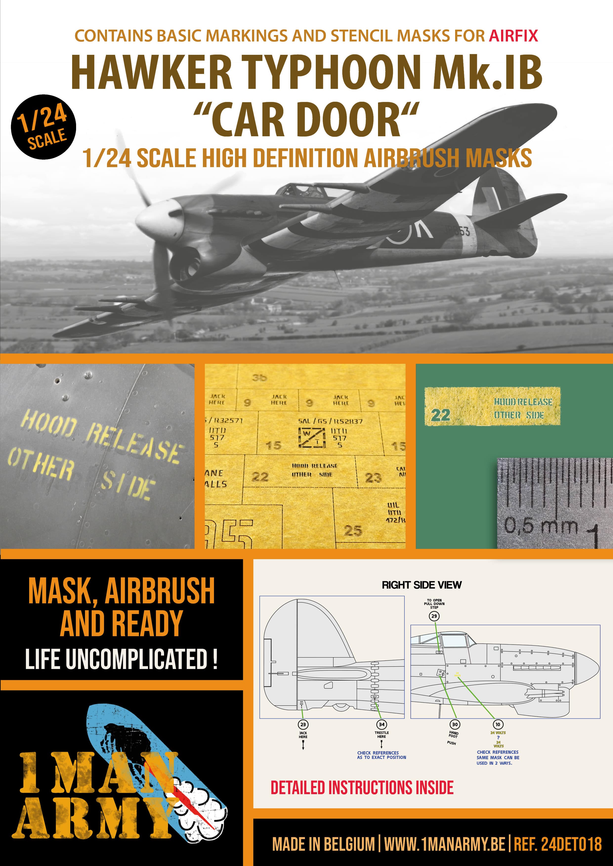 1ManArmy 1/24 Hawker Typhoon Mk.IB "Car Door" 塗装マスキングセット パッケージ表面画像