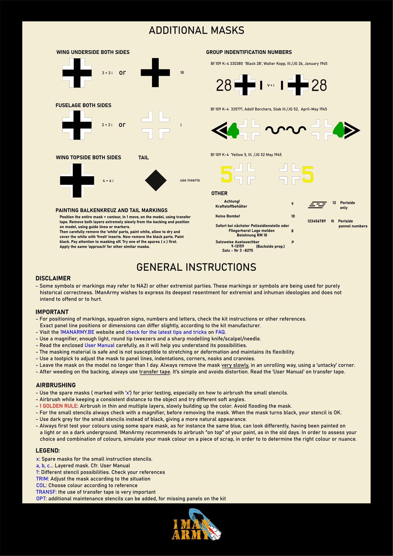 1ManArmy 1/32 メッサーシュミット Bf 109K-4 塗装マスキングセット(Kotare対応)の説明書/内容一覧画像