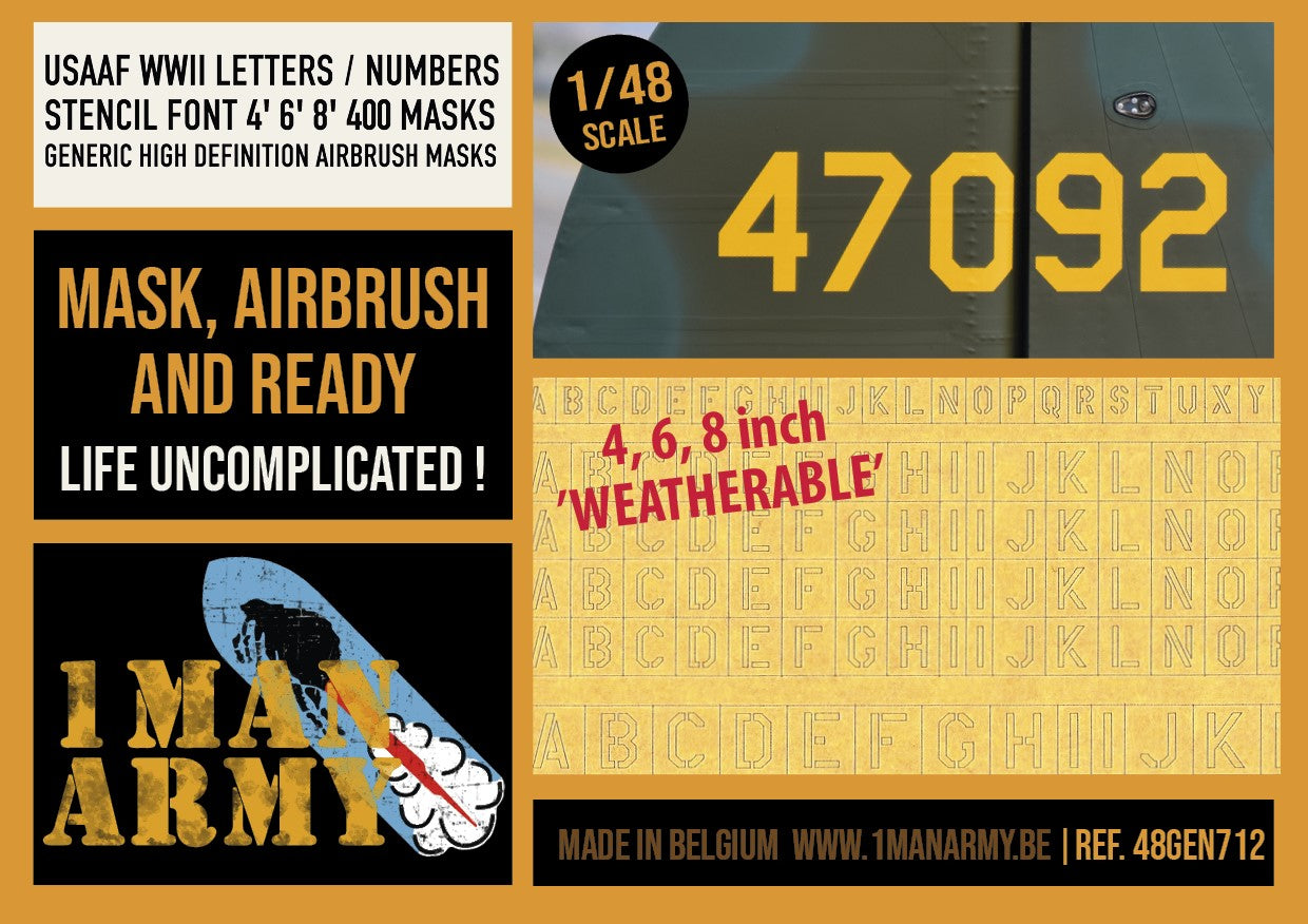 1ManArmy 1/48 USAAF WWII Letters / Numbers ステンシルフォント マスキングセット パッケージ表面画像