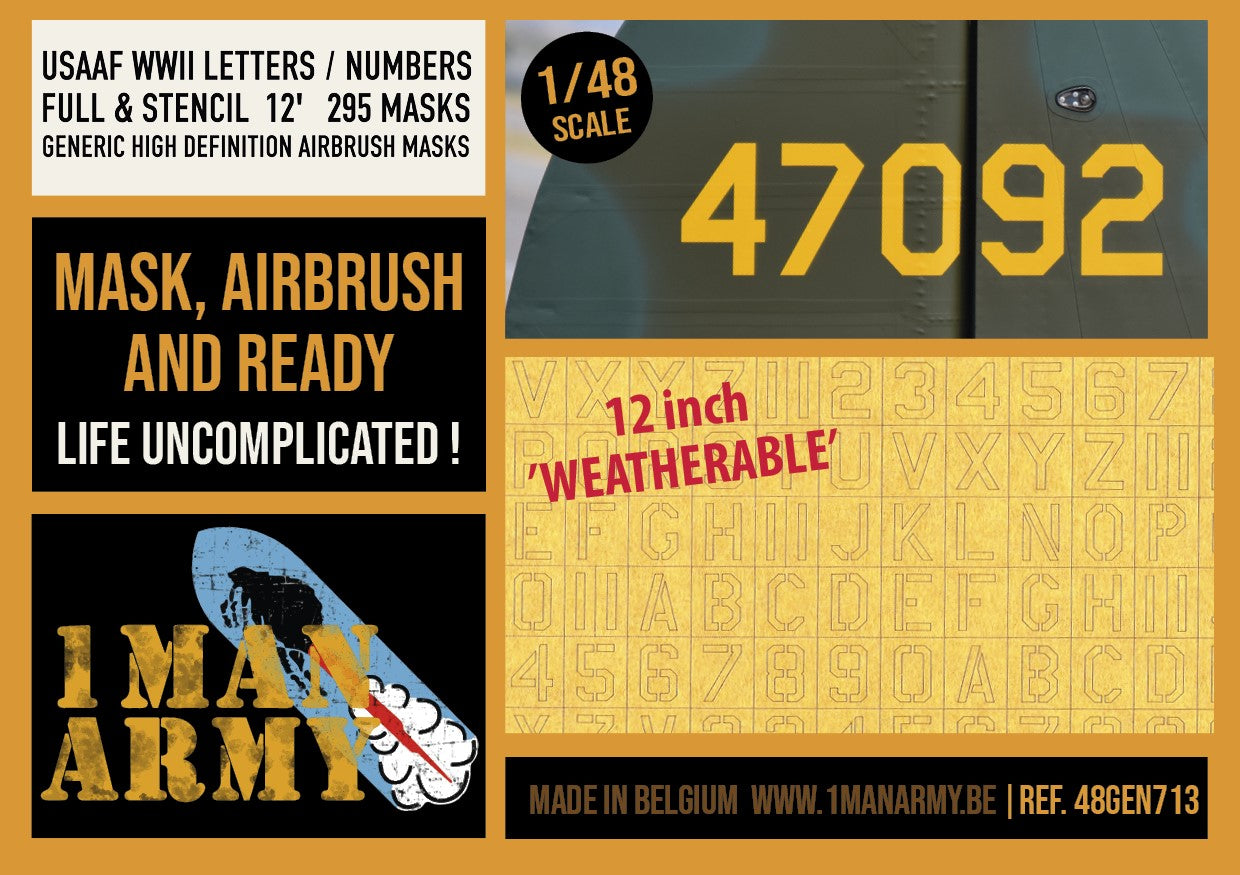 1ManArmy 1/48 USAAF WWII Letters / Numbers フル&ステンシル 12フィート マスキングセット パッケージ表面画像