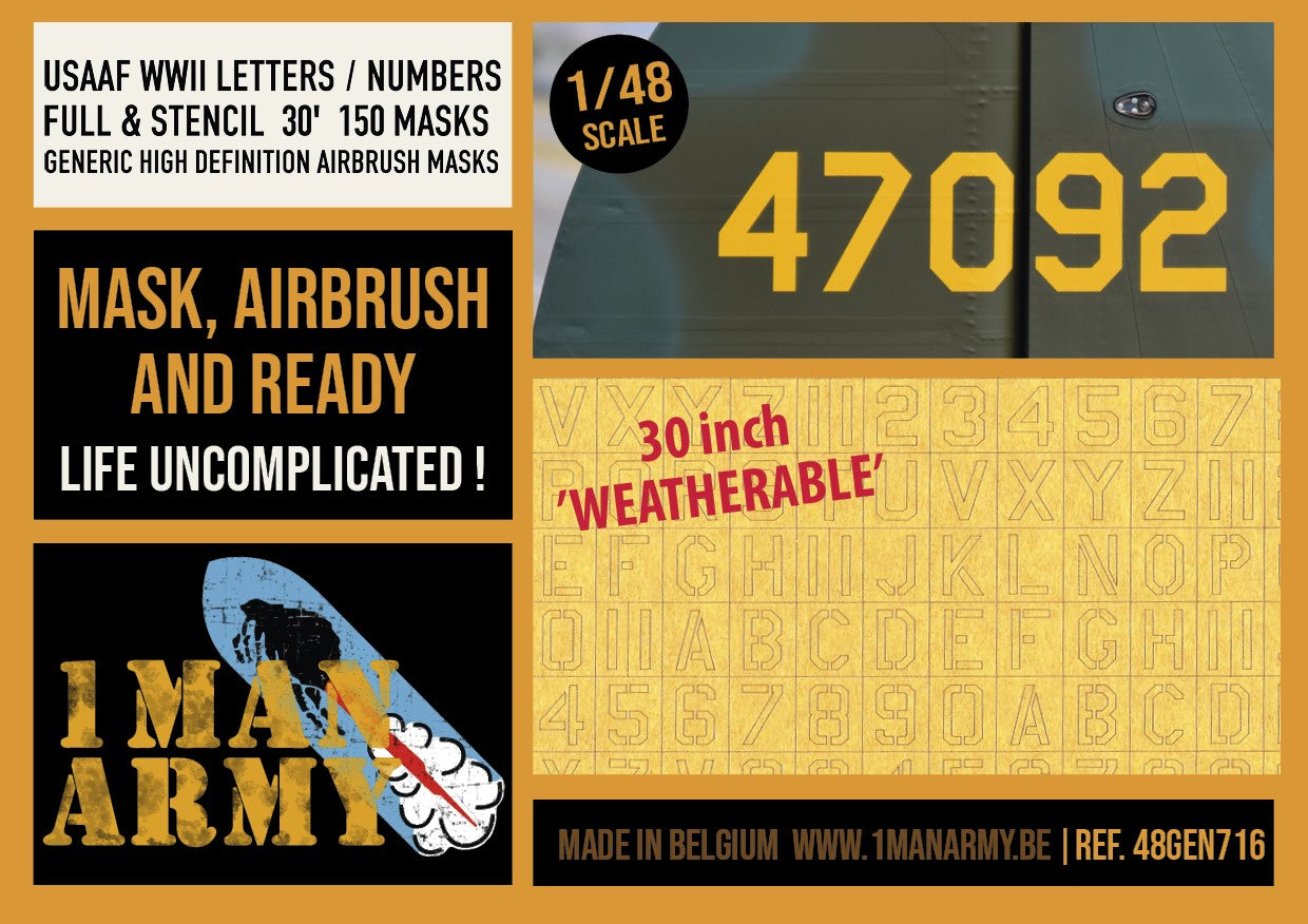 1ManArmy 1/48 USAAF WWII Letters / Numbers フル&ステンシル 30フィート マスキングセット パッケージ表面画像