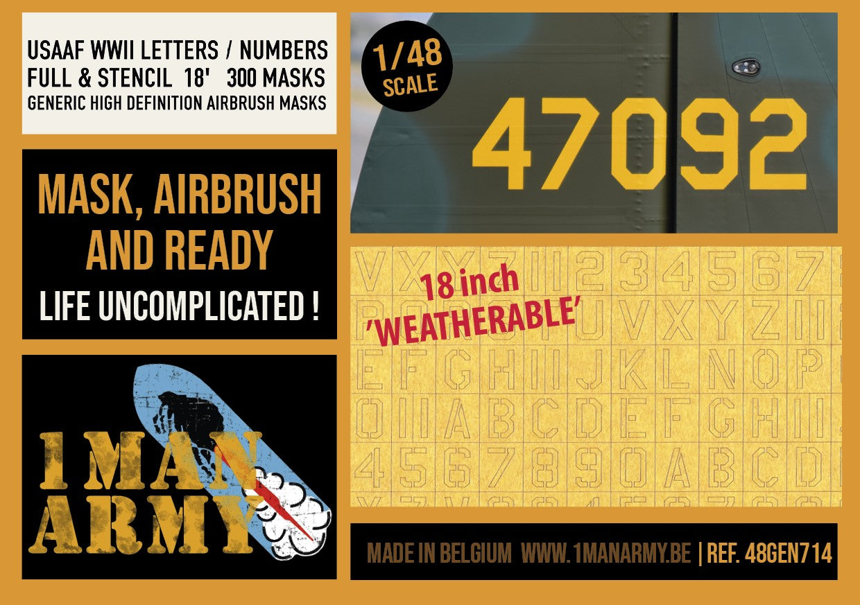 1ManArmy 1/48 USAAF WWII Letters / Numbers フル&ステンシル 18フィート マスキングセット パッケージ表面画像