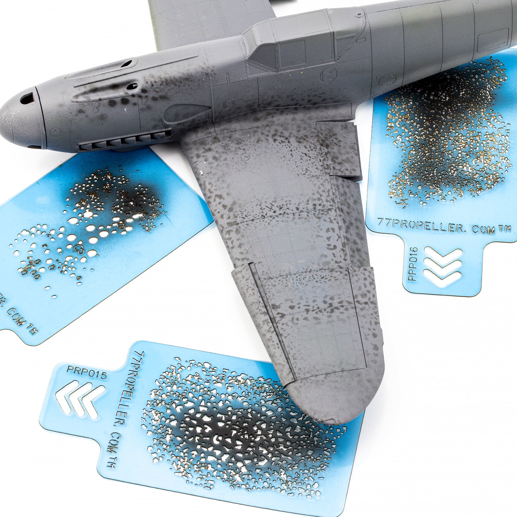 77 Propeller Set “1” – 3 Micro Airbrush Stencils 60×40 mm PRP021 three weathering patterns on aircraft