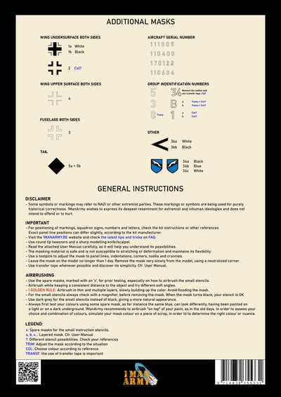 追加マスクの一覧と一般説明が記載された 1ManArmy Me 262 A1/A2 セットの説明書シート画像