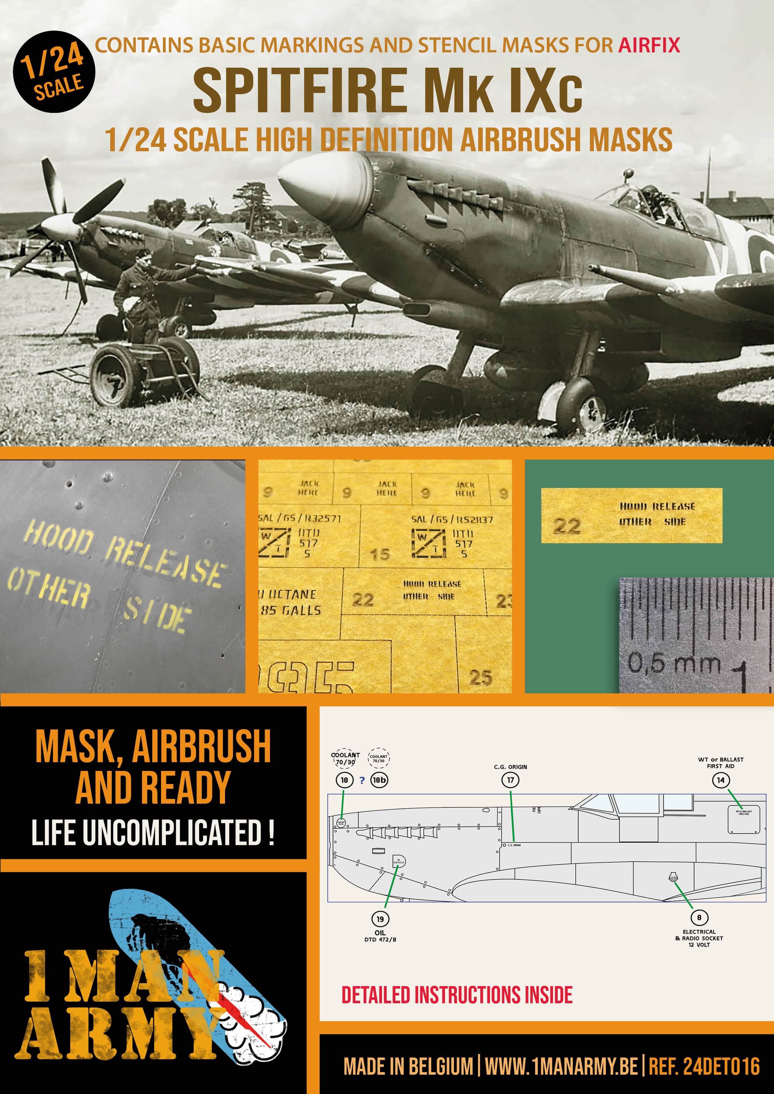 1ManArmy 1/24 Supermarine Spitfire Mk.IXc 塗装マスキングセット パッケージ表面画像