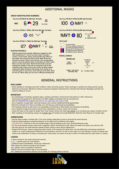 1ManArmy 1/32 Hawker "Sea Fury" FB.11 塗装マスキングセット 内容／説明書画像