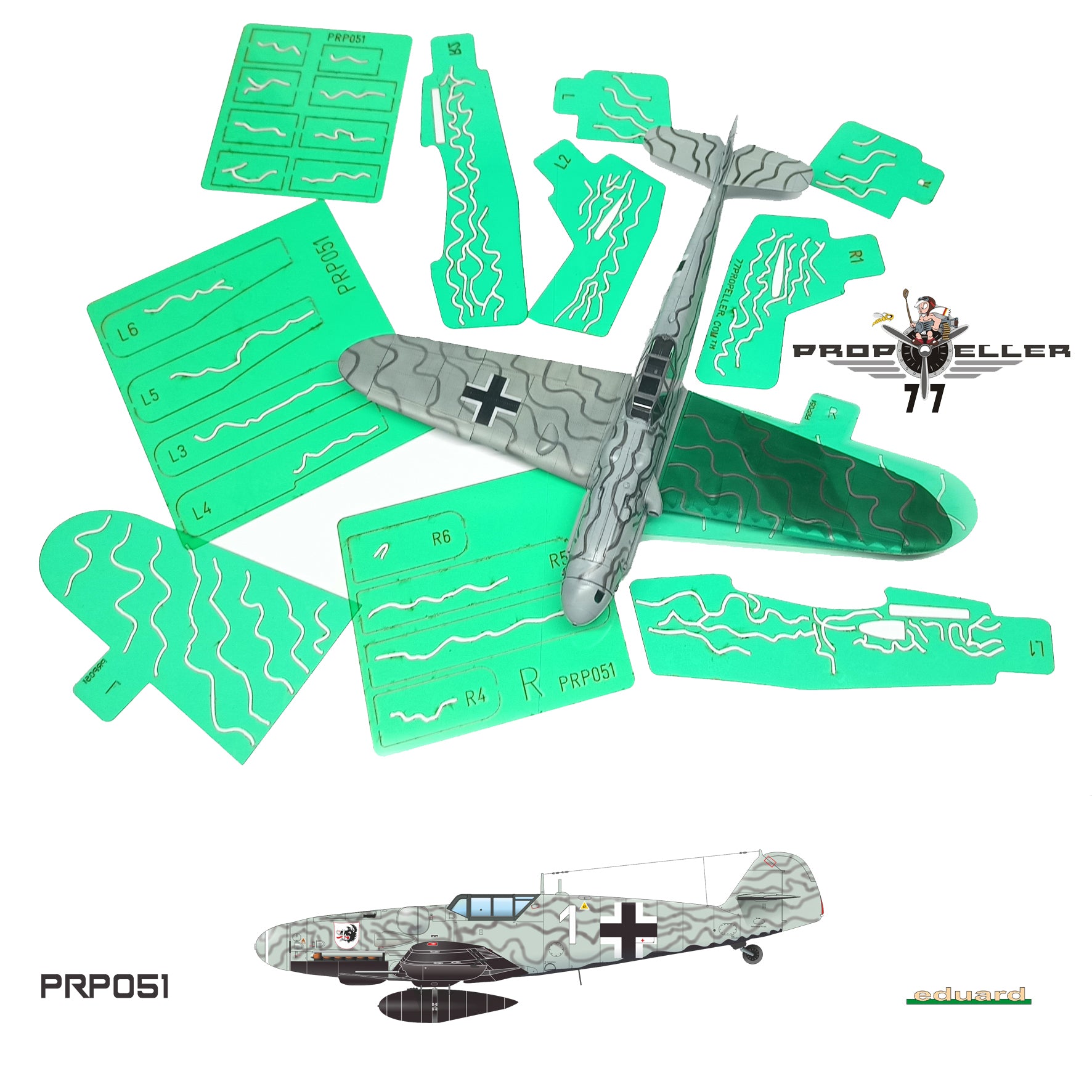 77 Propeller 1/48 Bf 109G-6 ヴィルデ・ザウ迷彩ステンシル PRP051 Eduard用セットと完成例