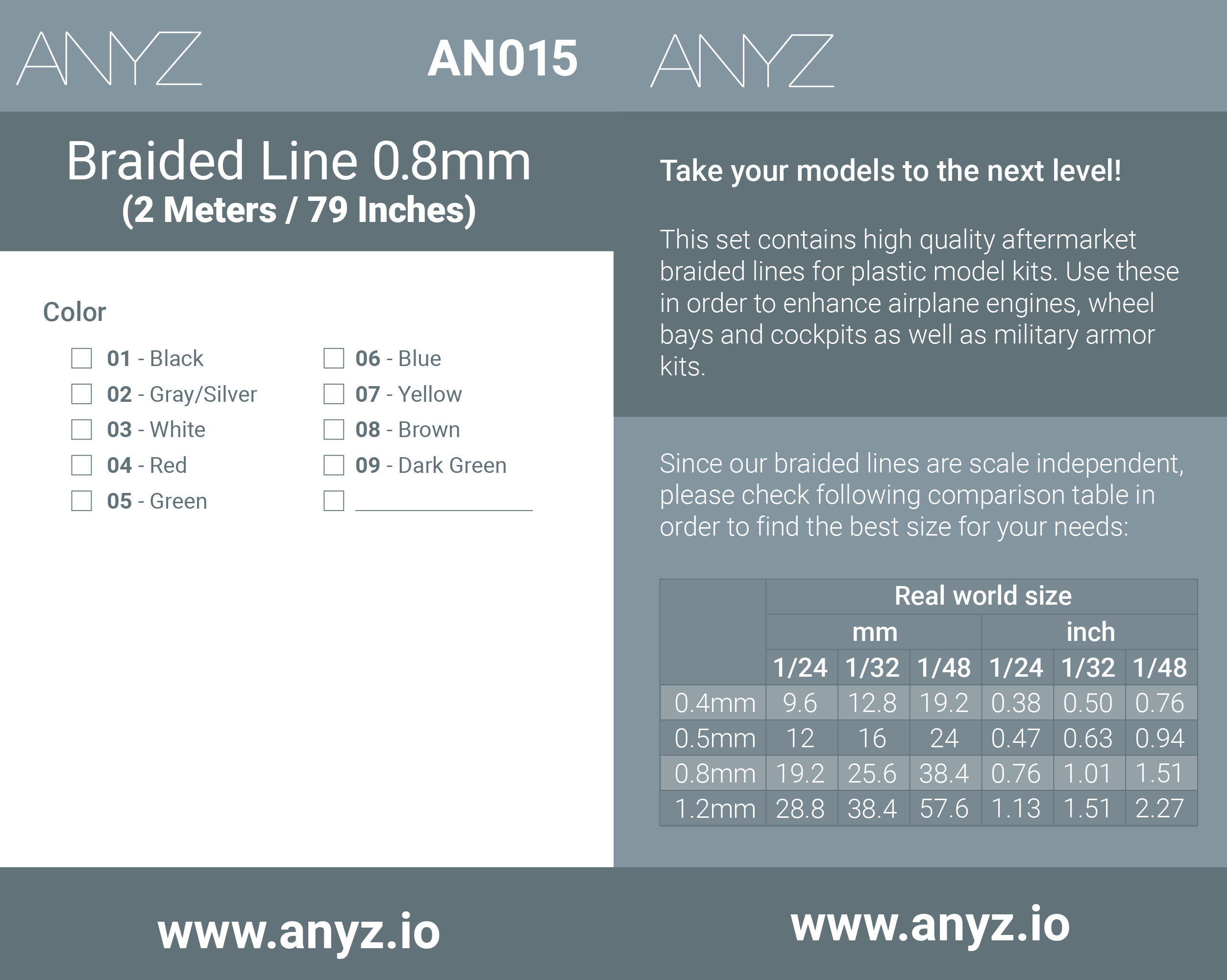 ANYZ AN015 ブレイデッドライン 0.8mm（2m）の製品仕様・サイズ比較表（パッケージ画像）