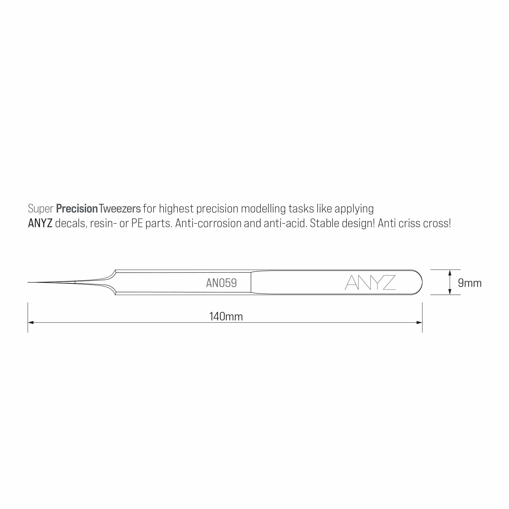 AN059ピンセットの全長140mm・本体幅9mmを示す公式寸法図