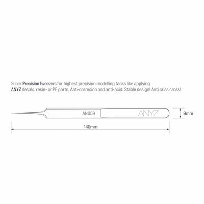 AN059ピンセットの全長140mm・本体幅9mmを示す公式寸法図