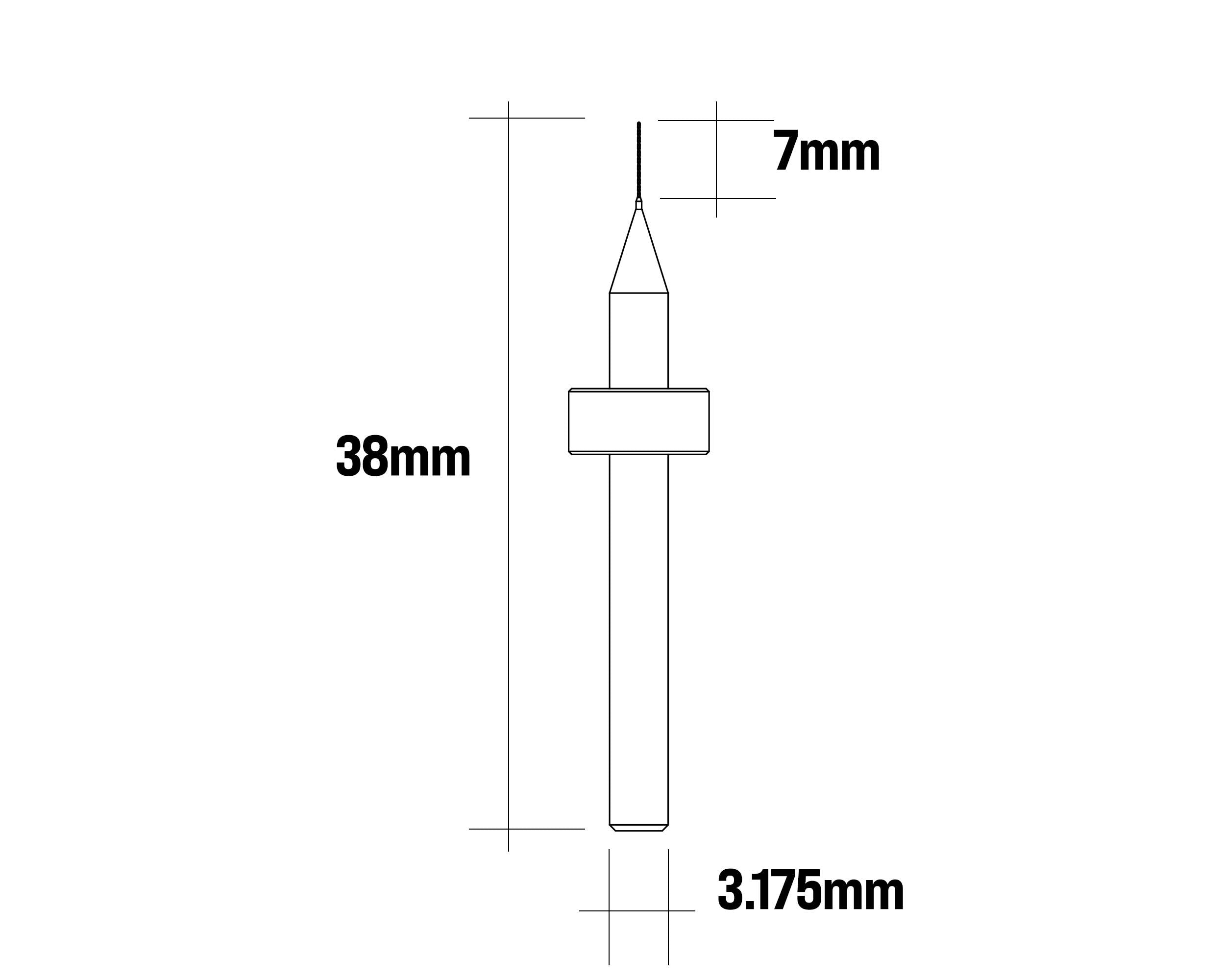 AN095マイクロドリルの全長38mm・刃先7mm・軸径3.175mmを示す寸法図