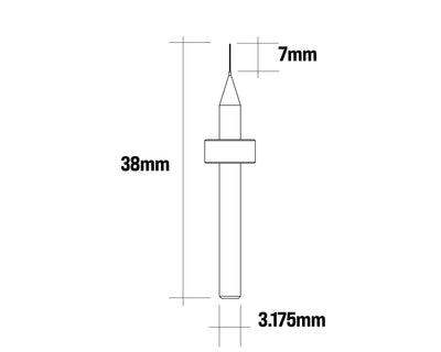 AN095マイクロドリルの全長38mm・刃先7mm・軸径3.175mmを示す寸法図